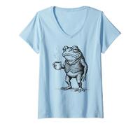 Mujer Aesthetic Coffee Design, Funny Grumpy Frog Drinking Coffee Camiseta Cuello V