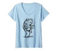 Mujer Aesthetic Coffee Design, Funny Grumpy Frog Drinking Coffee Camiseta Cuello V