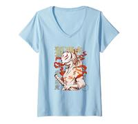 Mujer Aesthetic Japanese Kabuki Kitsune Mask Demon Samurai Girl Camiseta Cuello V