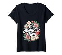 Mujer Aficionado a los Juegos Chinos Mah Jongg Tile Set Lover It's Mahjong Time Camiseta Cuello V