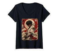 Mujer African Samurai Japanese Warrior Anime Katana Ronin Camiseta Cuello V
