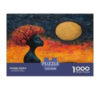 Mujer Africana Is Singing to The Moon,Naive Art Style Rompecabezas Sostenibles Estampados para Adultos De Madera De 52x38cm/1000pcs