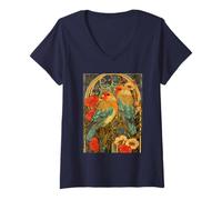 Mujer Agapornis Art Nouveau con Rosas y botánico Vintage Camiseta Cuello V