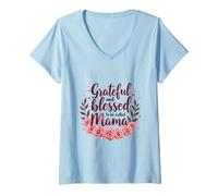 Mujer Agradecida y bendecida de ser llamada mamá Día de la Madre Flores Camiseta Cuello V