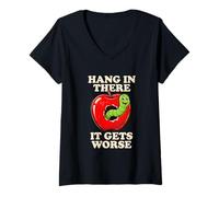 Mujer Aguantar allí se Pone Peor Divertido Gusano Manzana Humor Camiseta Cuello V