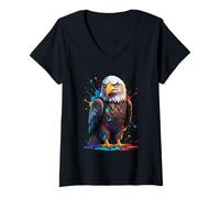 Mujer Águila calva ilustrada con salpicaduras de colores Camiseta Cuello V