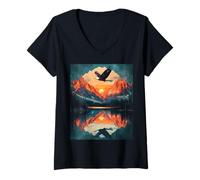 Mujer Águila Majestuosa sobre Montaña Reflejo Paisaje Natural Camiseta Cuello V