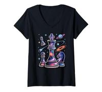 Mujer Ajedrez Galaxia Rey Caballo Peón Espacio Planetas Estrellas Camiseta Cuello V