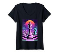 Mujer Ajedrez Rey Caballo Peones Synthwave Cuadrícula Atardecer Camiseta Cuello V