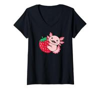 Mujer Ajolote Fresa Linda Kawaii Rosa Animal Fruta Camiseta Cuello V