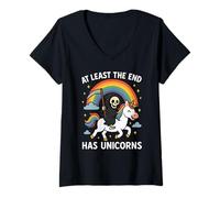 Mujer Al menos el final tiene unicornios Grim Reaper Funny Rainbow Camiseta Cuello V