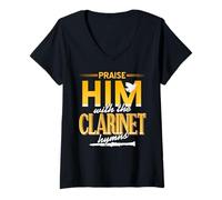 Mujer Alaba con Clarinete Himnos Espirituales Camiseta Cuello V