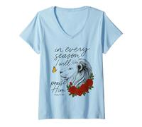 Mujer Alabado sea Él Cada Temporada Salmo 34:1 León Floral Camiseta Cuello V