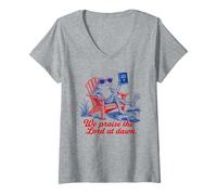 Mujer Alabamos al Señor Al Amanecer Rana Cristiano Divertido Camiseta Cuello V