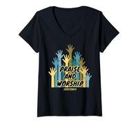 Mujer Alabanza y Adoración Manos Fe Cristiana Inspiración Religiosa Camiseta Cuello V