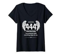 Mujer Alas de ángel Número Espiritual 444 Protección Angélica Etérea Camiseta Cuello V