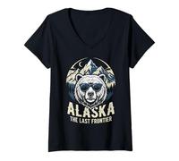 Mujer Alaska La Última Frontera Vintage Montañas Oso Naturaleza Amante Camiseta Cuello V