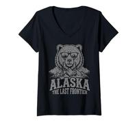 Mujer Alaska La Última Frontera Vintage Montañas Oso Naturaleza Amante Camiseta Cuello V