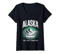 Mujer Alaska The Last Frontier Retro Mountain Lake Gráfico Camiseta Cuello V