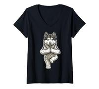 Mujer Alaskan Malamute Yoga Perro Cachorro Perros Divertidos Árbol Pose Asana Camiseta Cuello V
