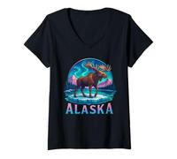 Mujer Alaskan Moose Northern Lights Aurora Alaska Viaje Vacaciones Camiseta Cuello V