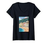 Mujer Alassio Sand Beach Ciudad Junto al mar Riviera Italiana Arte Camiseta Cuello V