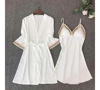 Mujer Albornoz Bata 2 Piezas Conjunto De Bata De Satén para Mujer Sexy Ropa De Dormir Blanca Kimono Albornoz Adorno De Encaje Novia Dama De Honor Camisón Informal, L