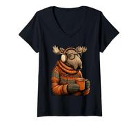 Mujer Alce Acogedor con Gafas de Sol Orejeras Animal Funny Coffee Camiseta Cuello V