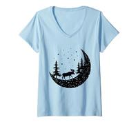 Mujer Alce En La Luna Bosque Árboles Al Aire Libre Vida Silvestre Camping Camiseta Cuello V