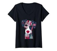 Mujer Alegría navideña Festiva de un Cachorro de Retazos Camiseta Cuello V