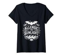 Mujer Alérgico a la luz del Sol Espeluznante murciélago Halloween Camiseta Cuello V