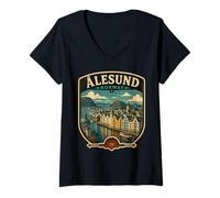 Mujer Alesund Noruega Familia Viaje a casa Alesund Vacaciones Camiseta Cuello V