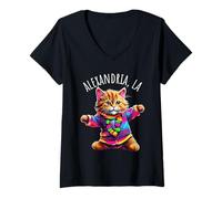Mujer Alexandria LA USA - Divertido diseño Colorido de Gato Bailando Camiseta Cuello V