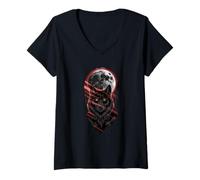 Mujer Alfa Lobo Bajo Luna Ojos Rojos Noche Aull Camiseta Cuello V