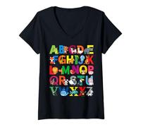 Mujer Alfabeto Animal del zoológico ABC aprendiendo Lindo Maestro de jardín de Infantes Camiseta Cuello V