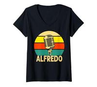 Mujer Alfredo - Micrófono Retro con Nombre y música Divertida de los años 80 Camiseta Cuello V