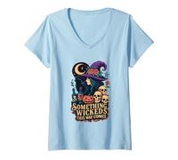 Mujer Algo perverso Viene por aquí: Bruja, Moon Skulls Camiseta Cuello V