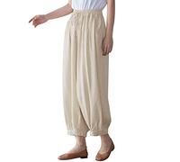 Mujer Algodón y Retro Literario Holgado Talla Grande Pinched Foot Pants Cintura Elástica Pantalones Casuales Pantalones Bombachos Pantalones Cómodos Mujer 3/4, caqui, XXL