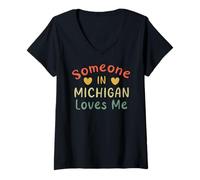 Mujer Alguien en Michigan Me ama Retro USA State US Camiseta Cuello V