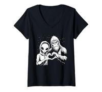 Mujer Alien and Bigfoot Love - Letrero de mano retro vintage Camiseta Cuello V