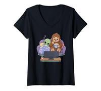 Mujer Alien Bigfoot Noche de Cine Funny Cryptid Friends Camiseta Cuello V