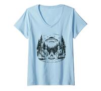Mujer Alien Bigfoot UFO Campfire Night Forest Escena Camiseta Cuello V