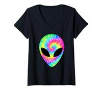 Mujer Alien Head Rainbow Tie Dye Hippie Estética Camiseta Cuello V