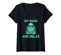 Mujer Alien Meditación Meditar Relajación Sit Back and Relax Camiseta Cuello V