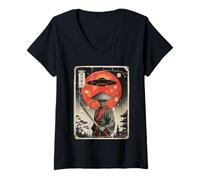 Mujer Alien Samurai UFO Japonés Retro Japón Ukiyo-e Arte Divertido Camiseta Cuello V