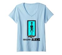 Mujer Alien Standing In Doorway Surrealista Sci Fi Design Camiseta Cuello V