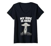 Mujer Alien UFO My Ride Is Here Funny Flying Saucer Men Women Kids Camiseta Cuello V