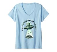 Mujer Aliens UFO Espacio Extraterrestre Platillo Volador Ninguna Humanidad Camiseta Cuello V