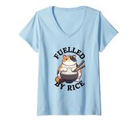 Mujer Alimentado por el arroz - Gato Hambriento Divertido Camiseta Cuello V