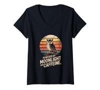 Mujer Alimentado por Moonlight y búho de cafeína Camiseta Cuello V